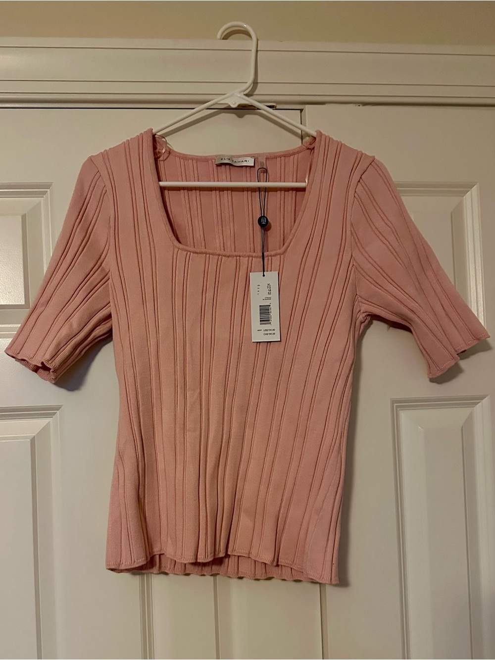 Elie Tahari Light Pink Ribbed Square-Neck Top